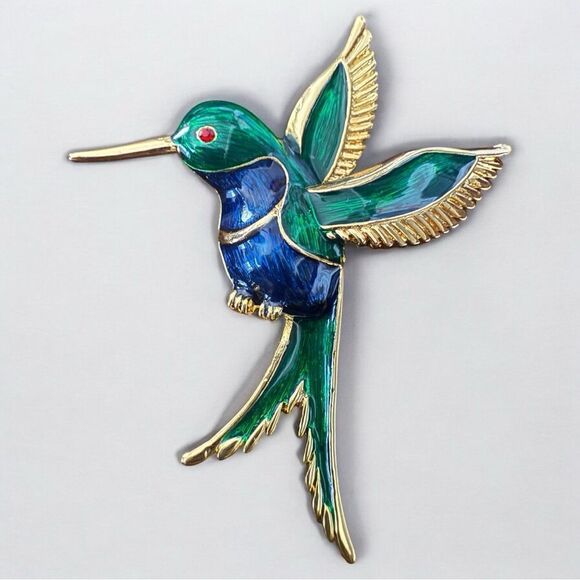 Vibrant Hummingbird Enamel Brooch – Green & Blue with Gold-Tone Accents - Picture 13 of 15